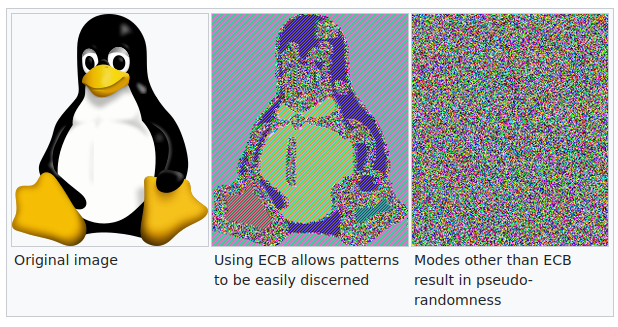 Fraqueza ECB - bits da imagem do Tux encriptados (wikipedia)